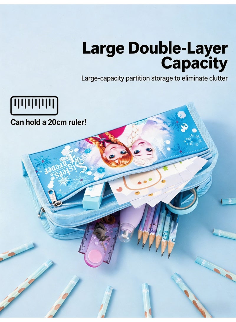 Frozen Elsa Anna Large Capacity Pencil Case with Double Zippers Cute Cartoon Stationery Organizer Pouch for Kids Girls School Daily Use Travel Birthday Gift Party Favor - Image 4