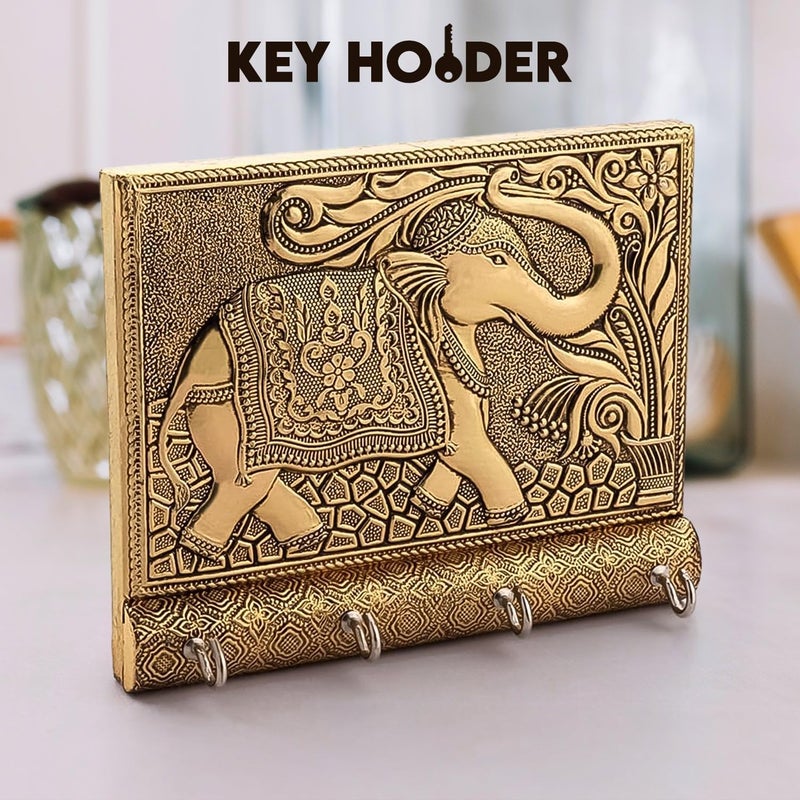 Wooden Key Holder for Home Decor Stylish Metal Gold Antique Elephant Design Key Chain Holder Wall Mounted Keys Holder for Home  - Image 3