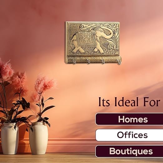 Wooden Key Holder for Home Decor Stylish Metal Gold Antique Elephant Design Key Chain Holder Wall Mounted Keys Holder for Home  - Image 5
