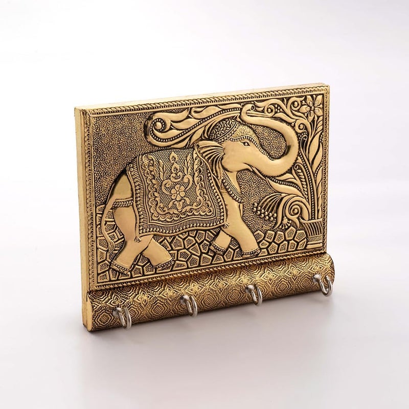 Wooden Key Holder for Home Decor Stylish Metal Gold Antique Elephant Design Key Chain Holder Wall Mounted Keys Holder for Home  - Image 1