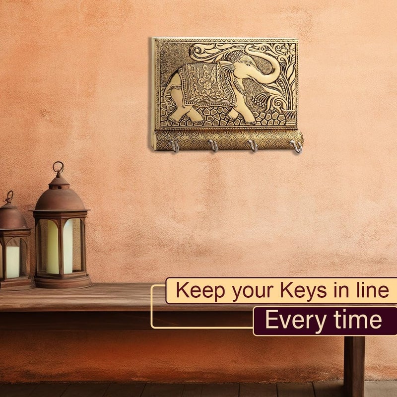 Wooden Key Holder for Home Decor Stylish Metal Gold Antique Elephant Design Key Chain Holder Wall Mounted Keys Holder for Home  - Image 2