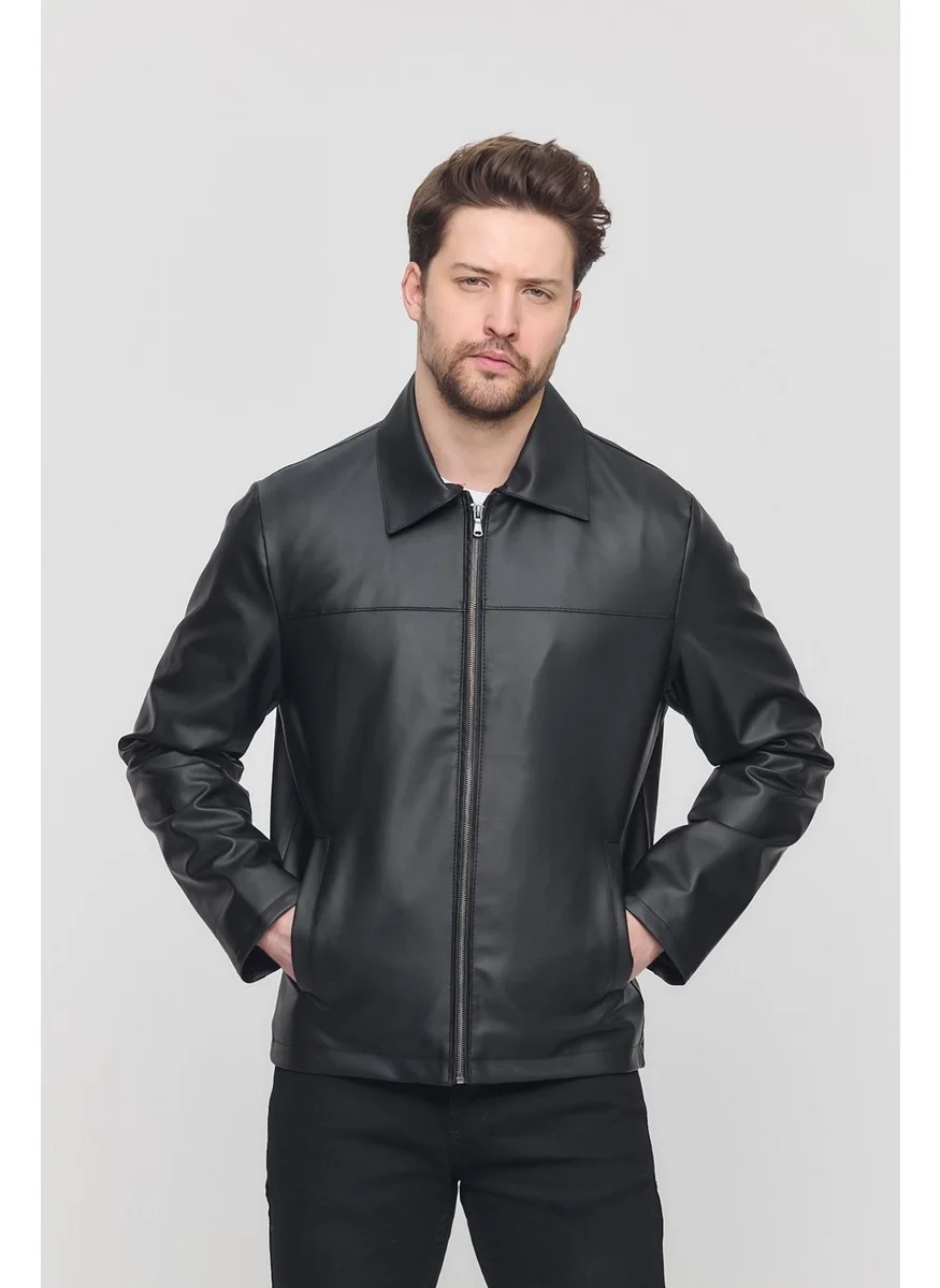 سيفيست Black Men's Basic Faux Leather Summer Jacket & Coat