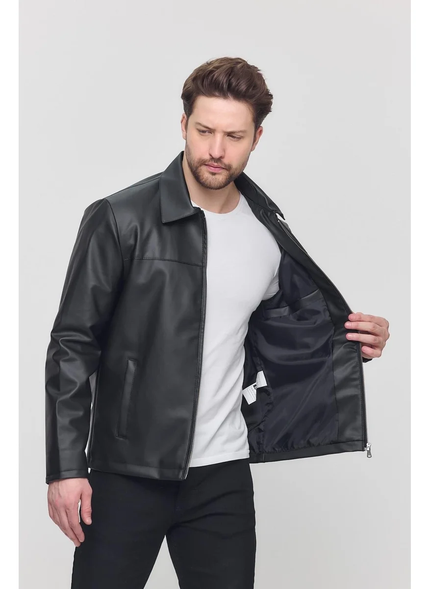 سيفيست Black Men's Basic Faux Leather Summer Jacket & Coat