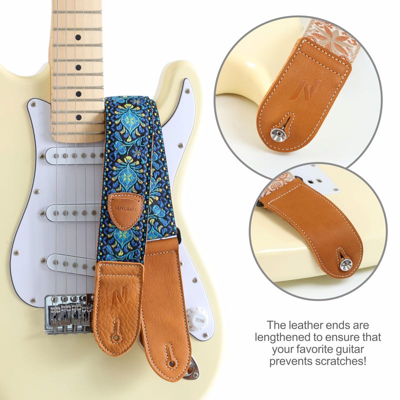 Nefelibata Guitar Strap,Double leather ends,Vintage Woven W/FREE BONUS-4 Picks+Strap Locks+Strap Button,Best Gift For Bass,Electric&Acoustic Guitars for Guitar(Vintage blue yellow embroidery) - Image 5