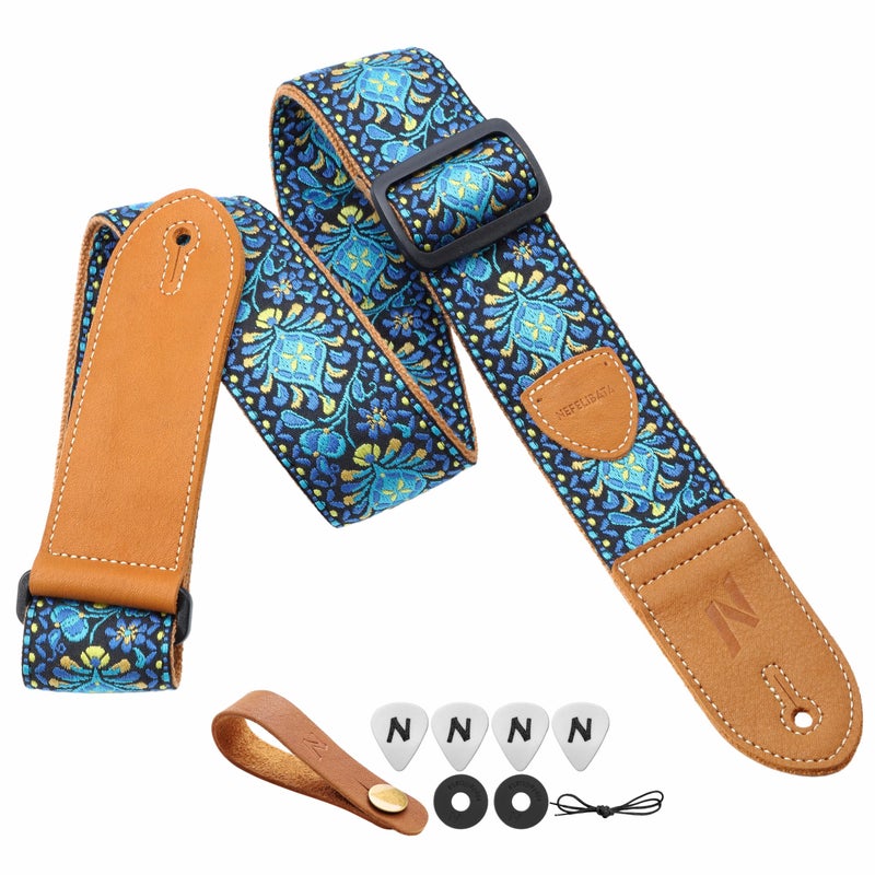 Nefelibata Guitar Strap,Double leather ends,Vintage Woven W/FREE BONUS-4 Picks+Strap Locks+Strap Button,Best Gift For Bass,Electric&Acoustic Guitars for Guitar(Vintage blue yellow embroidery) - Image 1