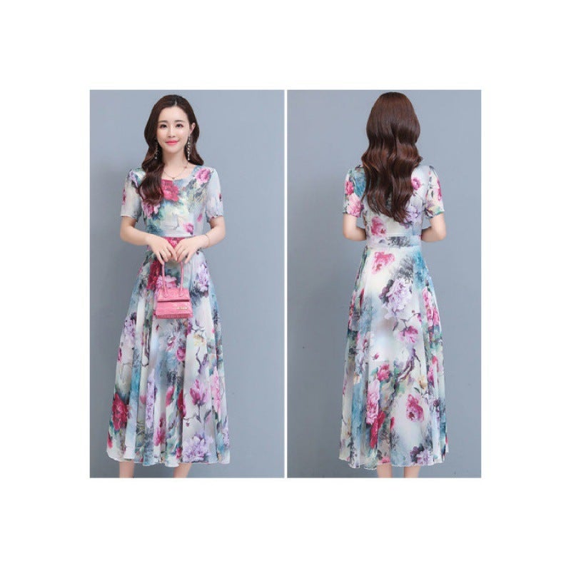 New Elegant Floral Fashion dress Womens Summer Fashion Belly Covering Slimming Long Dress Beach Dress 2023 Short Sleeve Green  - Image 2
