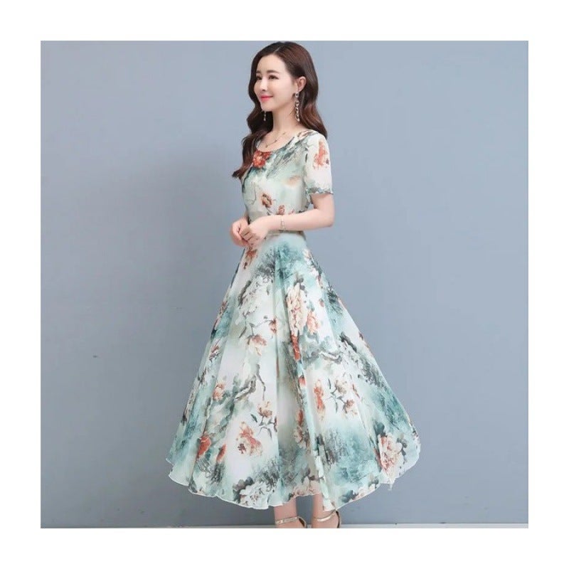 New Elegant Floral Fashion dress Womens Summer Fashion Belly Covering Slimming Long Dress Beach Dress 2023 Short Sleeve Green  - Image 1