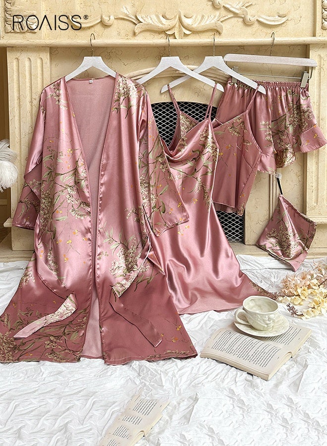 roaiss 5 PCS Womens Pink Pajama Set Soft Cherry Blossom Print Lightweight All Season Loungewear Ladies Suspender Skirt + Suspender Top + Shorts + Nightgown + Storage Bag Home Wear Suit - Image 3
