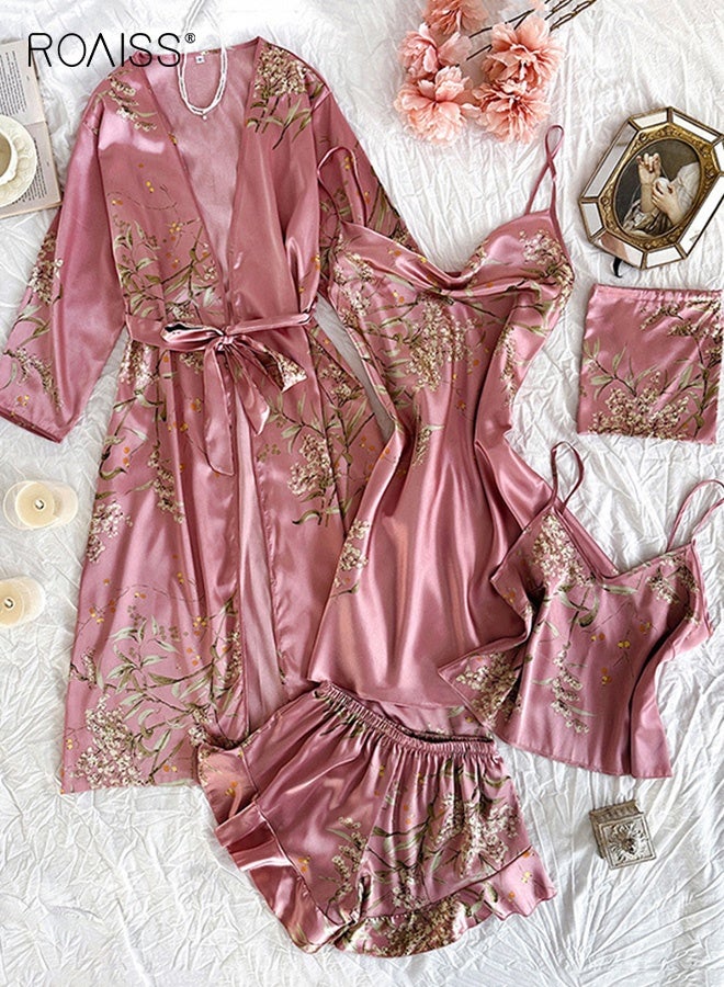 roaiss 5 PCS Womens Pink Pajama Set Soft Cherry Blossom Print Lightweight All Season Loungewear Ladies Suspender Skirt + Suspender Top + Shorts + Nightgown + Storage Bag Home Wear Suit - Image 1