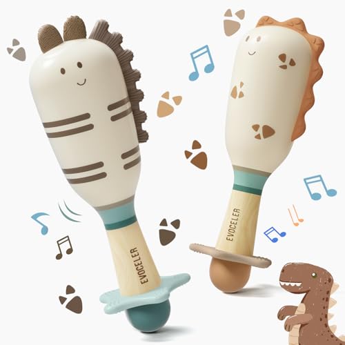 Evoceler Baby Rattles 2 Pac Dinosaur Rattles Shaker Toys with Teether Baby Maracas Sensory Toys for 0M Babies Soft Silicone BPA Free Perfect Size for Grasp Ideal Baby Boy Girl Toy Gift - Image 1