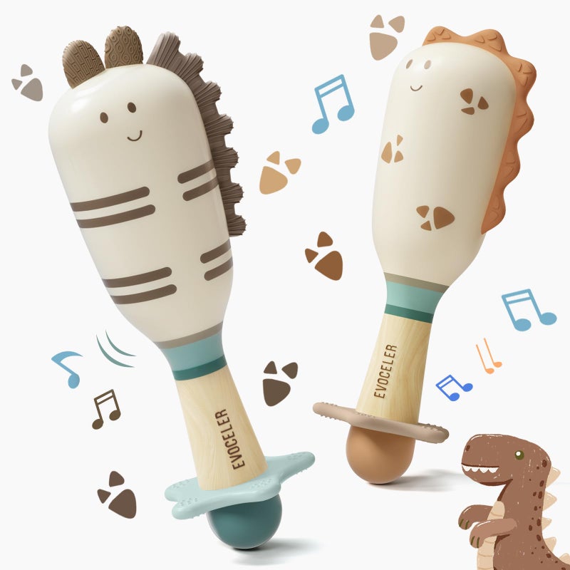 Evoceler Baby Rattles 2 Pac Dinosaur Rattles Shaker Toys with Teether Baby Maracas Sensory Toys for 0M Babies Soft Silicone BPA Free Perfect Size for Grasp Ideal Baby Boy Girl Toy Gift - Image 2