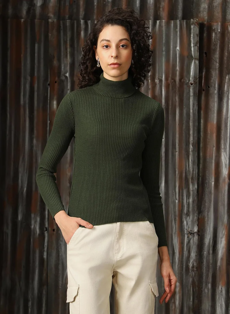 Women's Dark Green 100% Acrylic Solid Regular Fit Sweater