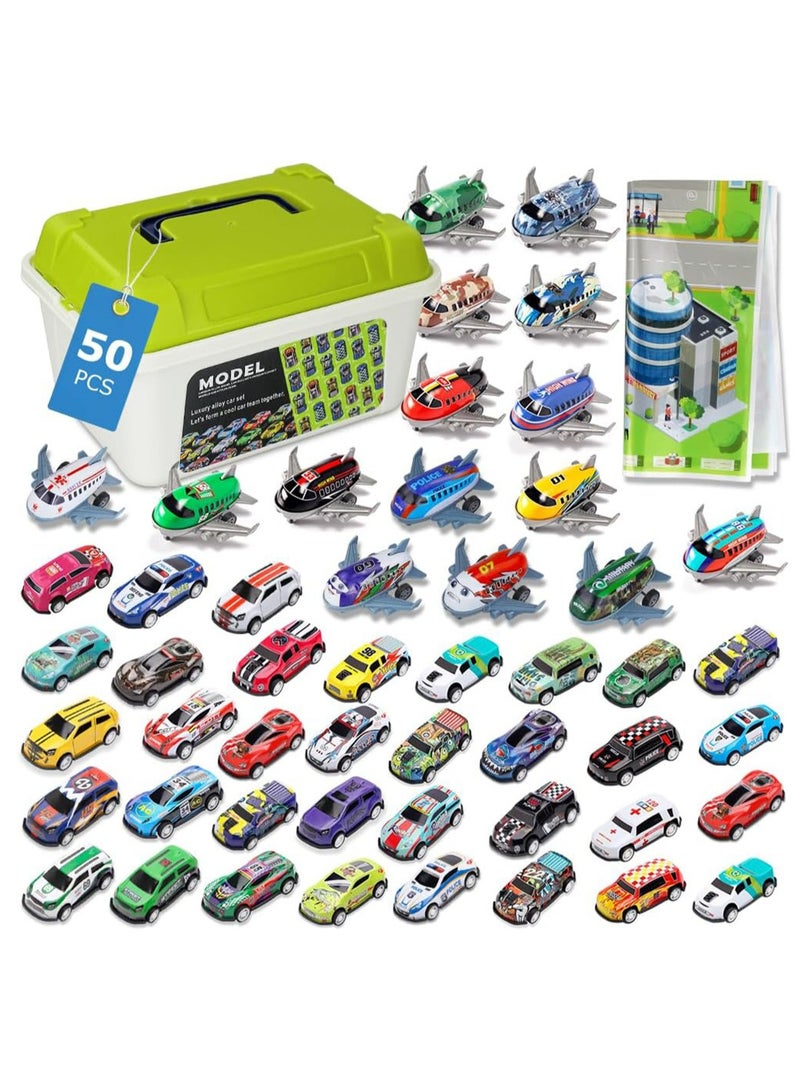 YelaJoy 50 Pcs Pull Back Toy Cars Airplanes with Storage Box and Map, Alloy Mini Race Push and Pull Back Cars Planes Vehicles Toys for Kids, Party Favors Suitable for 3+ Years Old Kids Boys Girls Gift - Image 1