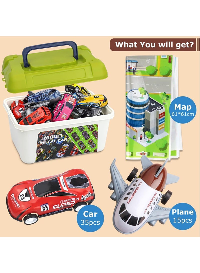 YelaJoy 50 Pcs Pull Back Toy Cars Airplanes with Storage Box and Map, Alloy Mini Race Push and Pull Back Cars Planes Vehicles Toys for Kids, Party Favors Suitable for 3+ Years Old Kids Boys Girls Gift - Image 3