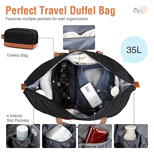 Lekebobor Weekender Bags for Women, Travel Duffle Bag Carry On Travel Bag Overnight Bag with Shoe Compartment Toiletry Bag, Large Weekend Tote Bag Gym Bag Hospital Bag for Labor and Delivery, 50L Quilted Black - Image 3