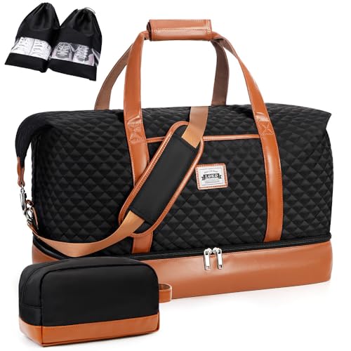 Lekebobor Weekender Bags for Women, Travel Duffle Bag Carry On Travel Bag Overnight Bag with Shoe Compartment Toiletry Bag, Large Weekend Tote Bag Gym Bag Hospital Bag for Labor and Delivery, 50L Quilted Black - Image 1