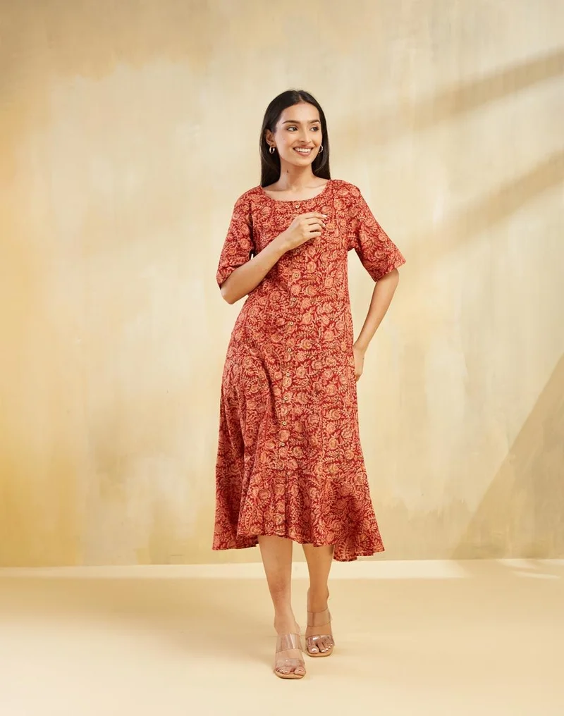 Fabindia Red Cotton Kalamkari Printed Midi Dress