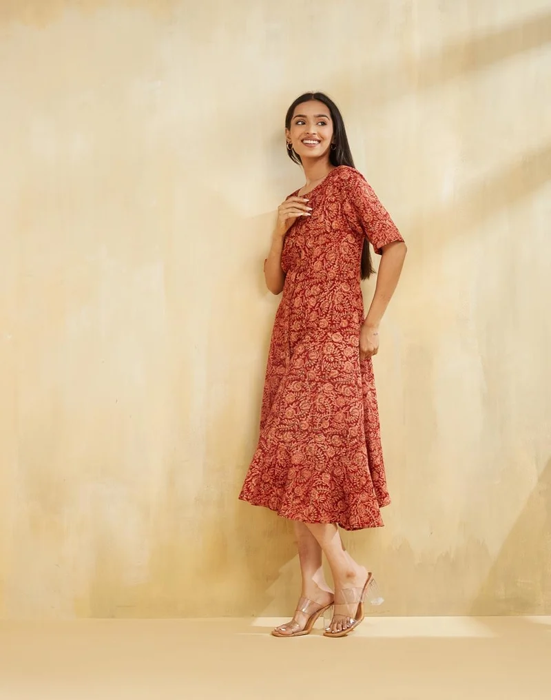 Fabindia Red Cotton Kalamkari Printed Midi Dress