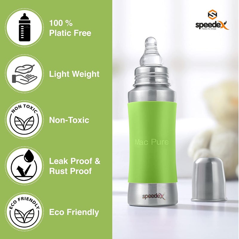 Speedex زجاجة رضاعة أطفال من الفولاذ المقاوم للصدأ Speedex مع علامة ML داخلية، سدادة سيليكون ومقبض سيليكون (240 مل، لون أخضر) (3 حلمات إضافية بدون)  - Image 4