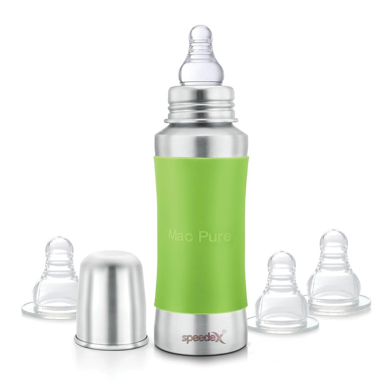 Speedex زجاجة رضاعة أطفال من الفولاذ المقاوم للصدأ Speedex مع علامة ML داخلية، سدادة سيليكون ومقبض سيليكون (240 مل، لون أخضر) (3 حلمات إضافية بدون)  - Image 1