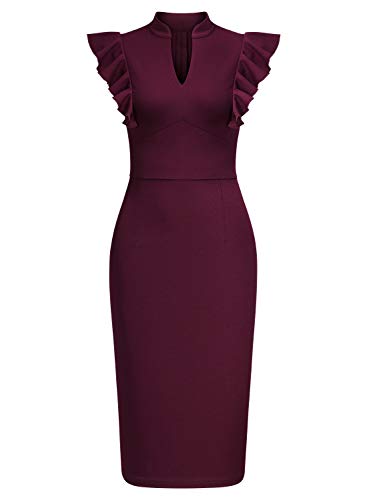 Knitee Women's Vintage Ruffle Sleeve V-Neck Bodycon Evening Party Cocktail Pencil Sheath Dress (Burgundy, Large) - Image 5