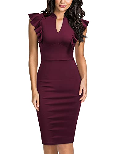Knitee Women's Vintage Ruffle Sleeve V-Neck Bodycon Evening Party Cocktail Pencil Sheath Dress (Burgundy, Large) - Image 1