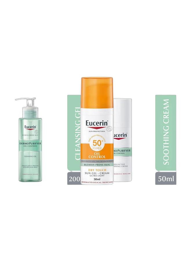 Eucerin Face Sunscreen Oil Control Gel-Cream Dry Touch For Blemish-Prone Skin 50ml + Dermopurifyer Oil Control Face Cleansing Gel For Blemish And Acne-Prone Skin Green 200ml +Dermopurifyer Oil Control Adjunctive Soothing Face Day Cream For Oily And Acne-Prone Skin 50ml Bundle  - Image 1