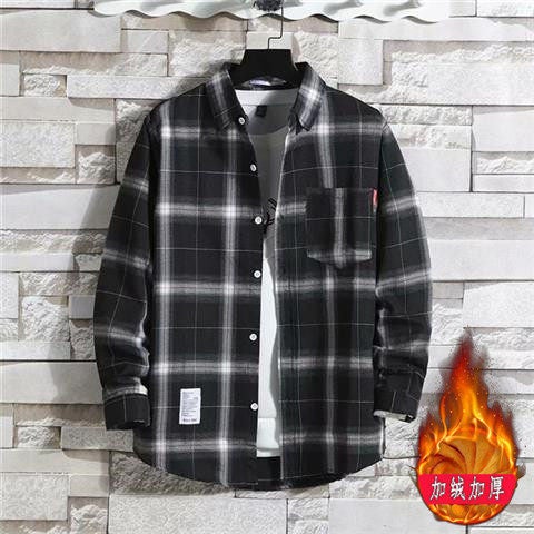2023 fleece-lined thick thermal shirt mens plaid casual shirt brushed youth Korean-style slim-fit fleece shirt Black 9910 [Velvet]]