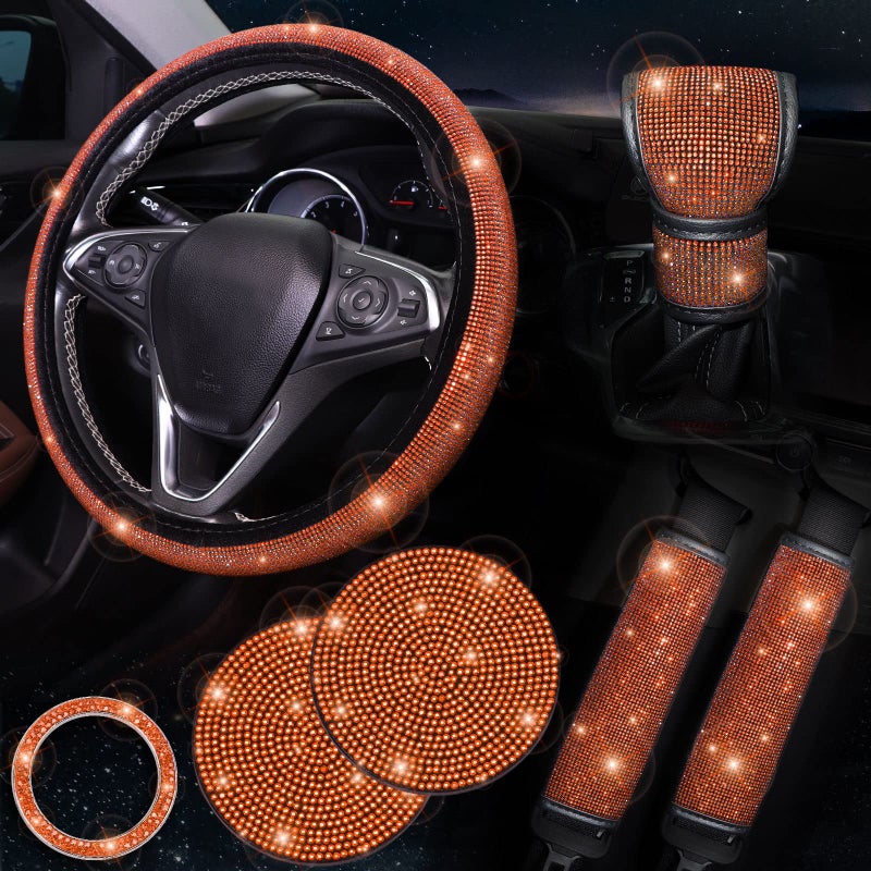ToBeQueen Orange Steering Wheel Cover Set 15 inch,7 Pack Crystal Rhinestone Diamond Orange Bling Car Accessories,Seat Belt Cushion,Bling Shift Knob Cover,Puch to Start Ring,Car Cup Coaster,Orange
