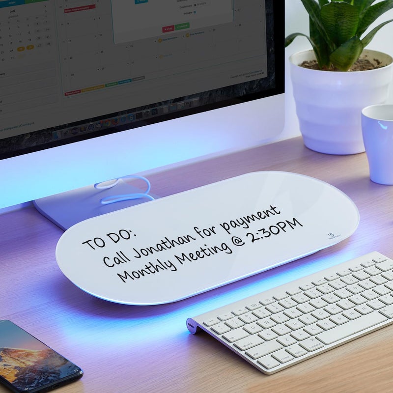 TSJ OFFICE Glass Desktop Whiteboard - 17 X 7 Inches Small Dry Erase Board with Blue Light, Glass White Board Surface Notepad with 1 Drawer, Desk Organizers for Office, Home, School Supplies - Image 1
