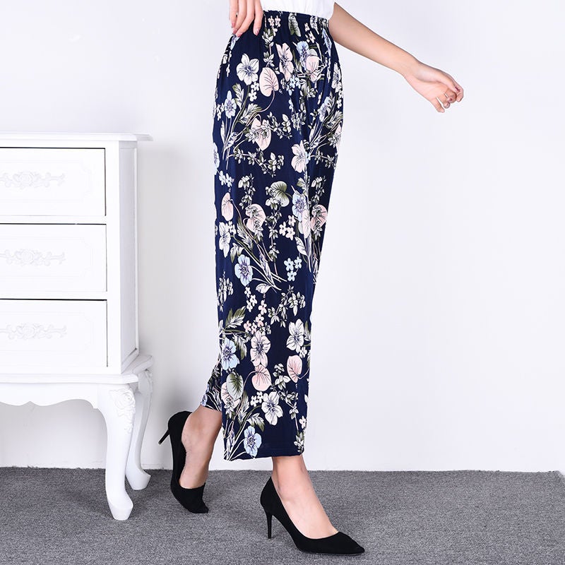 Summer Womens Ice Silk Pants Middle-aged and Elderly Loose Casual Home Pants Elacto Plus Fat Mother Pants Square Sports No. 2 Nine-point Straight Pants 