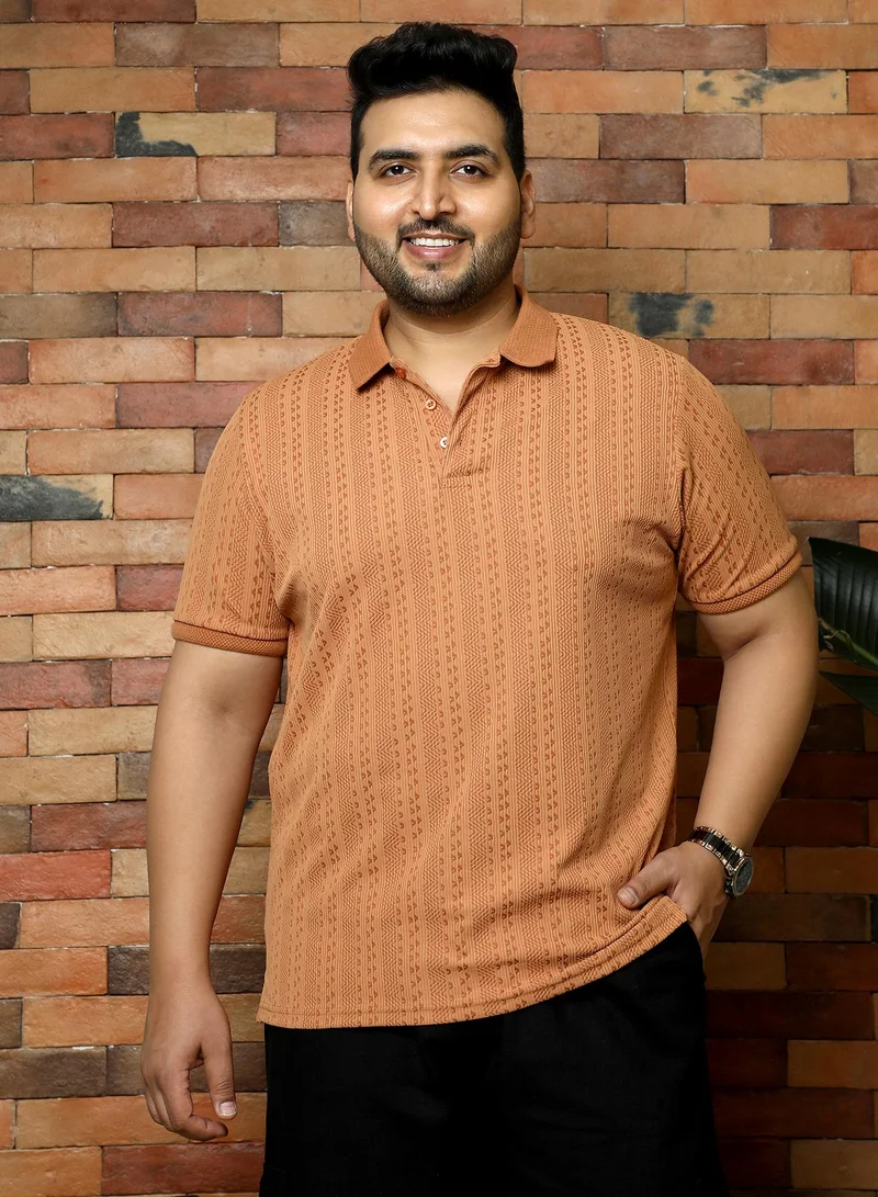 Instafab Plus Instafab Plus Men's Rust Orange Geometric-Folk Knitted Polo T-Shirt | Jacquard Polo Neck , Short Sleeves , Button Closure , Straight Hemline | Solid Jacquard Polyester Blend For Office & Casual Wear