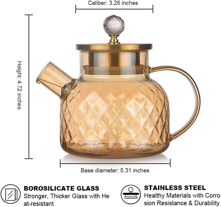 MENOVAS Golden Glass Diamond Teapot Kettle Wooden Lid Crystal Glass Tea Pot Kettle Gold Colour No Heat Resistant Tea and Coffee Maker Lid Loose Leaf Teapot with Strainer 1000 ML Pack of 1 - Image 2