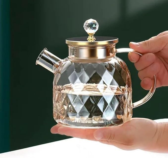 MENOVAS Golden Glass Diamond Teapot Kettle Wooden Lid Crystal Glass Tea Pot Kettle Gold Colour No Heat Resistant Tea and Coffee Maker Lid Loose Leaf Teapot with Strainer 1000 ML Pack of 1 - Image 1