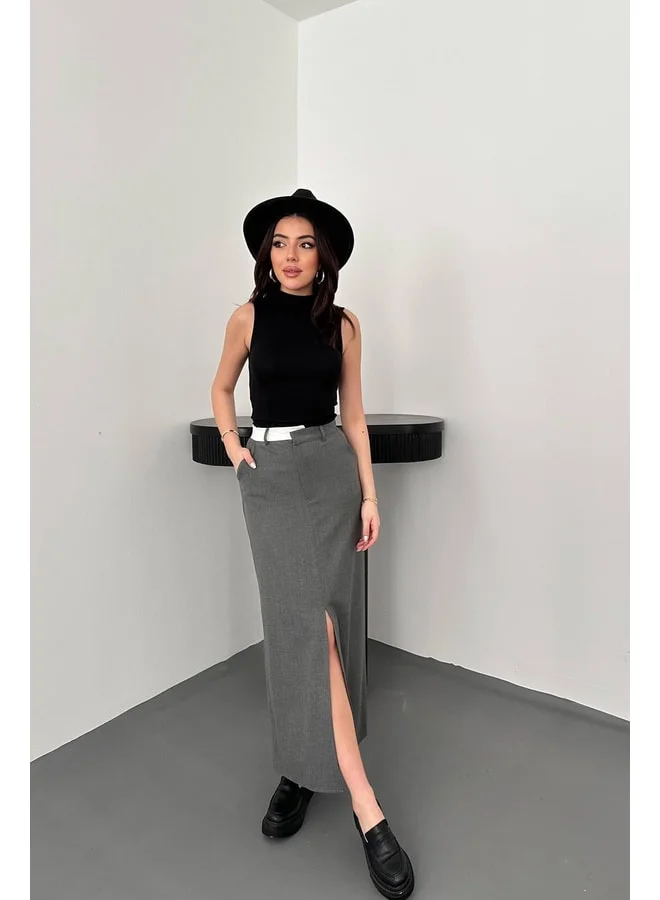 END BLACK Gray Pati-Trimmed Polyviscose Skirt, Size L, Gray.