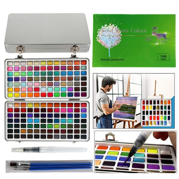 Artnery Portable Solid Water Color Paint Set 168 Colors Sketch Watercolor Palette Kit & Storage Case - Multicolor - Image 1