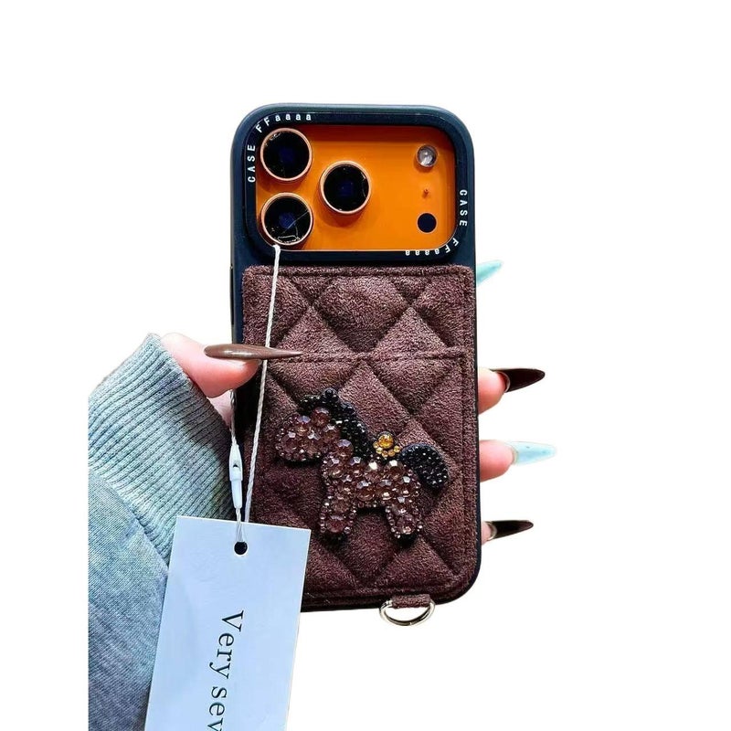 Silicone Protective Case for iPhone 16 / 16 Plus / 16 Pro / 16 Pro Max with Card Holder and Drop Protection plus Shockproof plus Pony Pattern in Brown Base - Layan Lure - Image 1