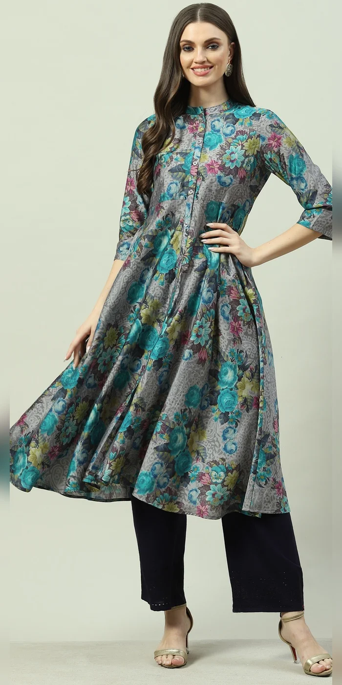 Women Black Rayon Flared Printed Dress