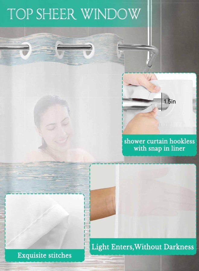 Anzona No Hook Shower Curtains, Aqua Blue Brown Ombre Stall Bathroom Curtain with Snap in Liner, Farmhouse Vintage Wooden Waterproof Washable Fabric Bathroom Shower Curtain Sets, 48" x 72" - Image 4