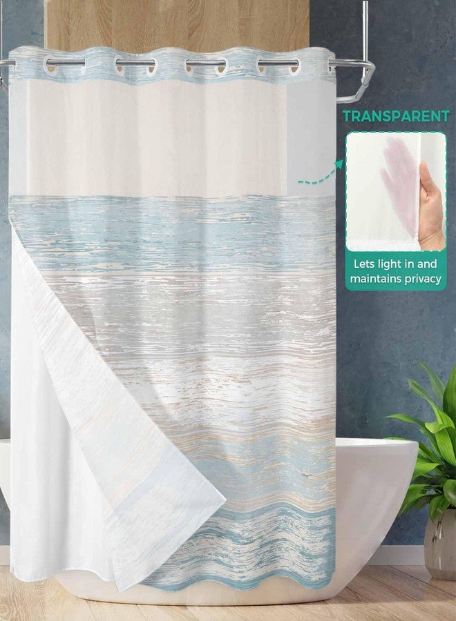 Anzona No Hook Shower Curtains, Aqua Blue Brown Ombre Stall Bathroom Curtain with Snap in Liner, Farmhouse Vintage Wooden Waterproof Washable Fabric Bathroom Shower Curtain Sets, 48" x 72" - Image 2