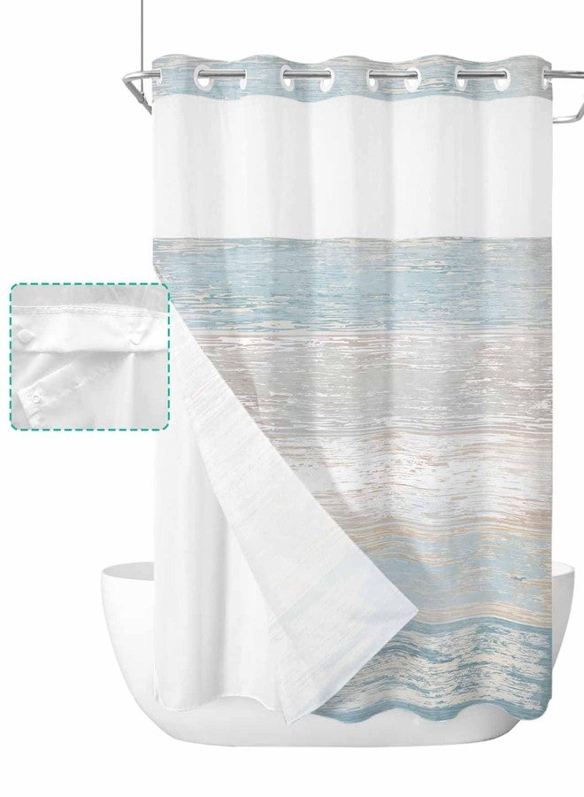 Anzona No Hook Shower Curtains, Aqua Blue Brown Ombre Stall Bathroom Curtain with Snap in Liner, Farmhouse Vintage Wooden Waterproof Washable Fabric Bathroom Shower Curtain Sets, 48" x 72" - Image 1