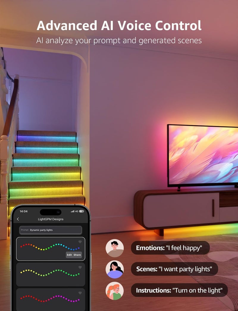 لايتنغ إيفر شريط إضاءة LED ذكي قوس قزح من Lepro S1 بطول 5 أمتار، 30 لمبة/متر، مزامنة الموسيقى، يعمل مع Alexa وGoogle Home، تحكم بالتطبيق والصوت عبر WiFi وBluetooth، مساعد تصميم الإضاءة بالذكاء الاصطناعي، أضواء LED بألوان سحرية لغرفة النوم - Image 4