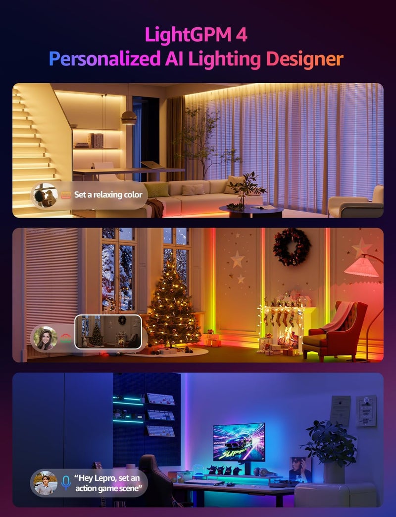 لايتنغ إيفر شريط إضاءة LED ذكي قوس قزح من Lepro S1 بطول 5 أمتار، 30 لمبة/متر، مزامنة الموسيقى، يعمل مع Alexa وGoogle Home، تحكم بالتطبيق والصوت عبر WiFi وBluetooth، مساعد تصميم الإضاءة بالذكاء الاصطناعي، أضواء LED بألوان سحرية لغرفة النوم - Image 3