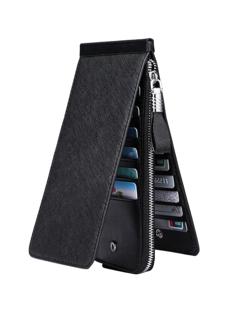 Genuine Leather Zip Around Credit Card Wallet with RFID Blocking - Premium Leather Men's & Women's Wallet, Slim Smart Wallet, Simple Design, 26 Card Capacity | (BLACK)