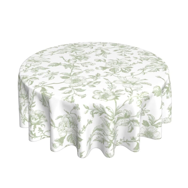 Sorktse Sage Green Floral Tablecloth Round 70 x 70 Inch Light Green Chinoiserie Floral Table Cloth Polyester Fabric Vintage Spring Summer Flowers Farmhouse Table Cover for Kitchen Party Picnic Outdoor Decor - Image 1