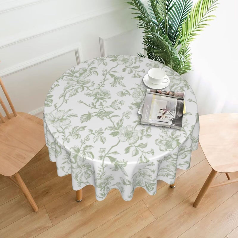 Sorktse Sage Green Floral Tablecloth Round 70 x 70 Inch Light Green Chinoiserie Floral Table Cloth Polyester Fabric Vintage Spring Summer Flowers Farmhouse Table Cover for Kitchen Party Picnic Outdoor Decor - Image 2