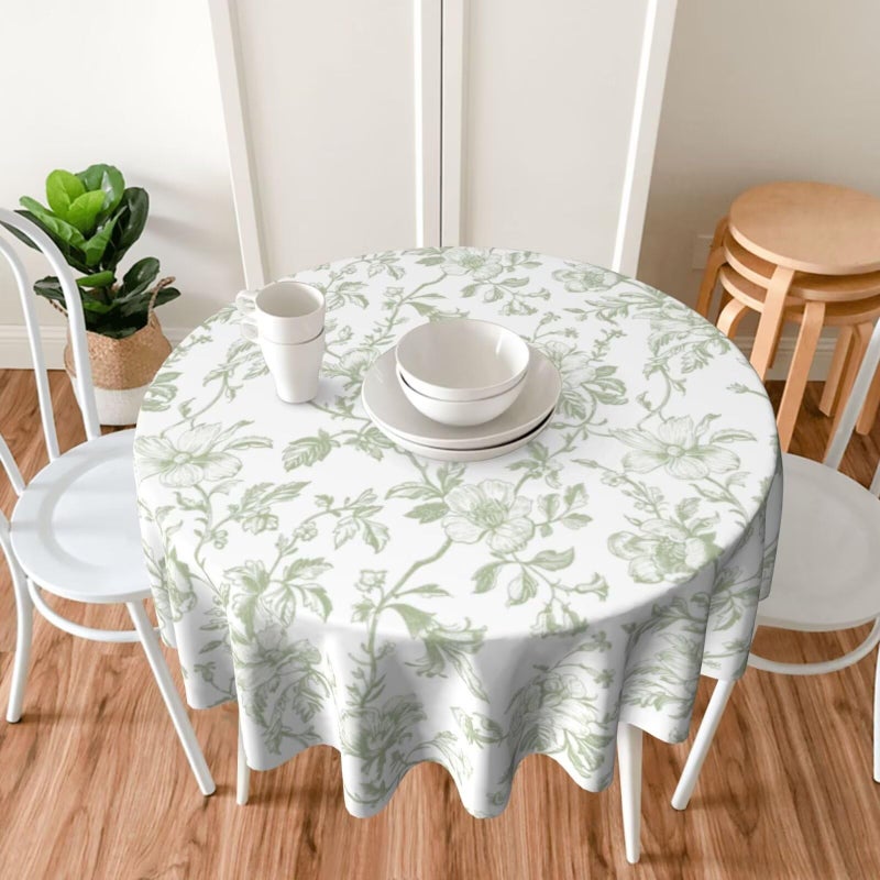 Sorktse Sage Green Floral Tablecloth Round 70 x 70 Inch Light Green Chinoiserie Floral Table Cloth Polyester Fabric Vintage Spring Summer Flowers Farmhouse Table Cover for Kitchen Party Picnic Outdoor Decor - Image 4