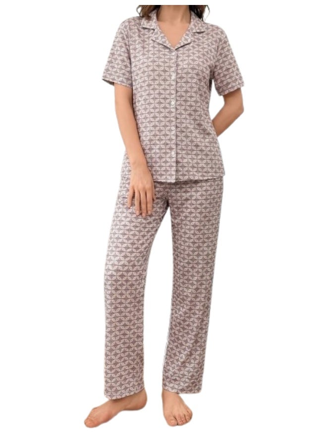 Women's cotton two-piece pajama set (short-sleeved button-up top and long pants) - comfortable casual sleepwear for home - Image 1