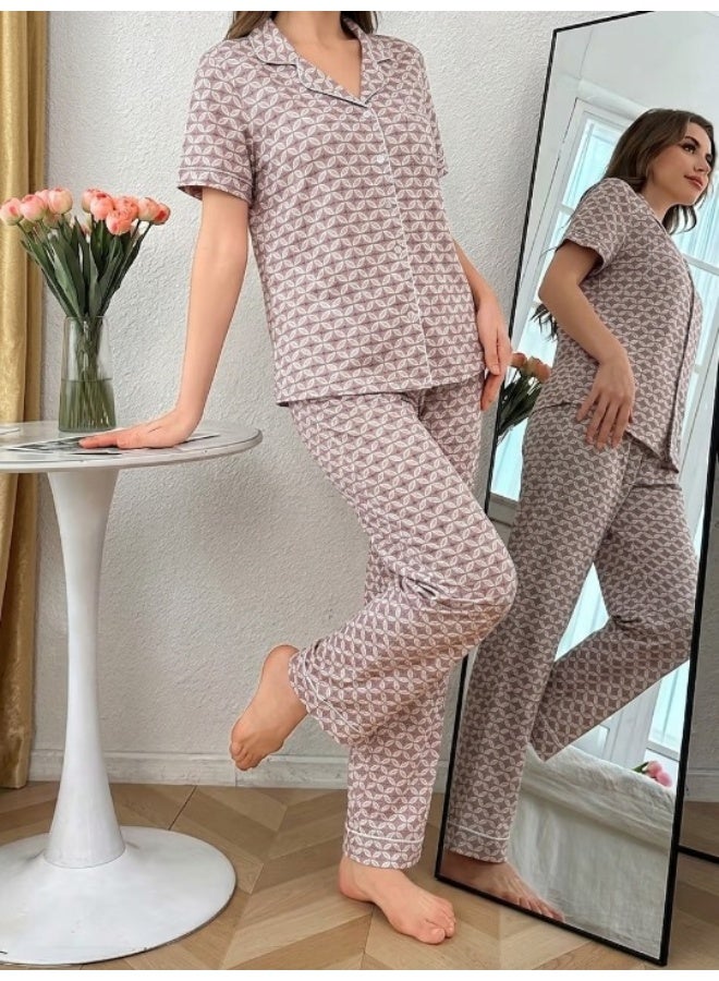 Women's cotton two-piece pajama set (short-sleeved button-up top and long pants) - comfortable casual sleepwear for home - Image 2