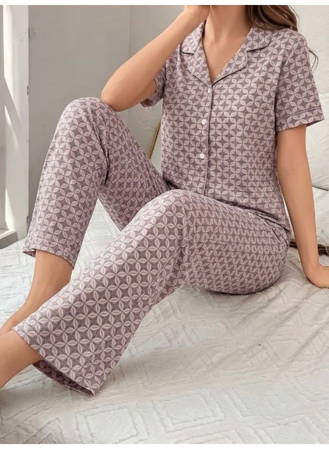 Women's cotton two-piece pajama set (short-sleeved button-up top and long pants) - comfortable casual sleepwear for home - Image 3
